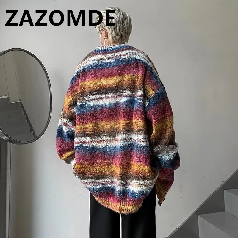 ZAZOMDE winter punk knit sweater mens striped er oversized Harajuku streetwear sweater autumn hip-hop cardigan 241205