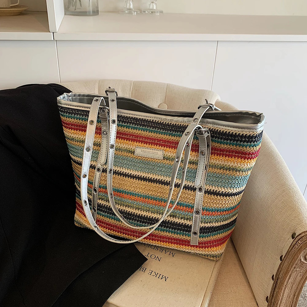 Womens colorful crochet beach handbag large capacity woven travel bag minimal splicing work handbag womens summer handbag 241205