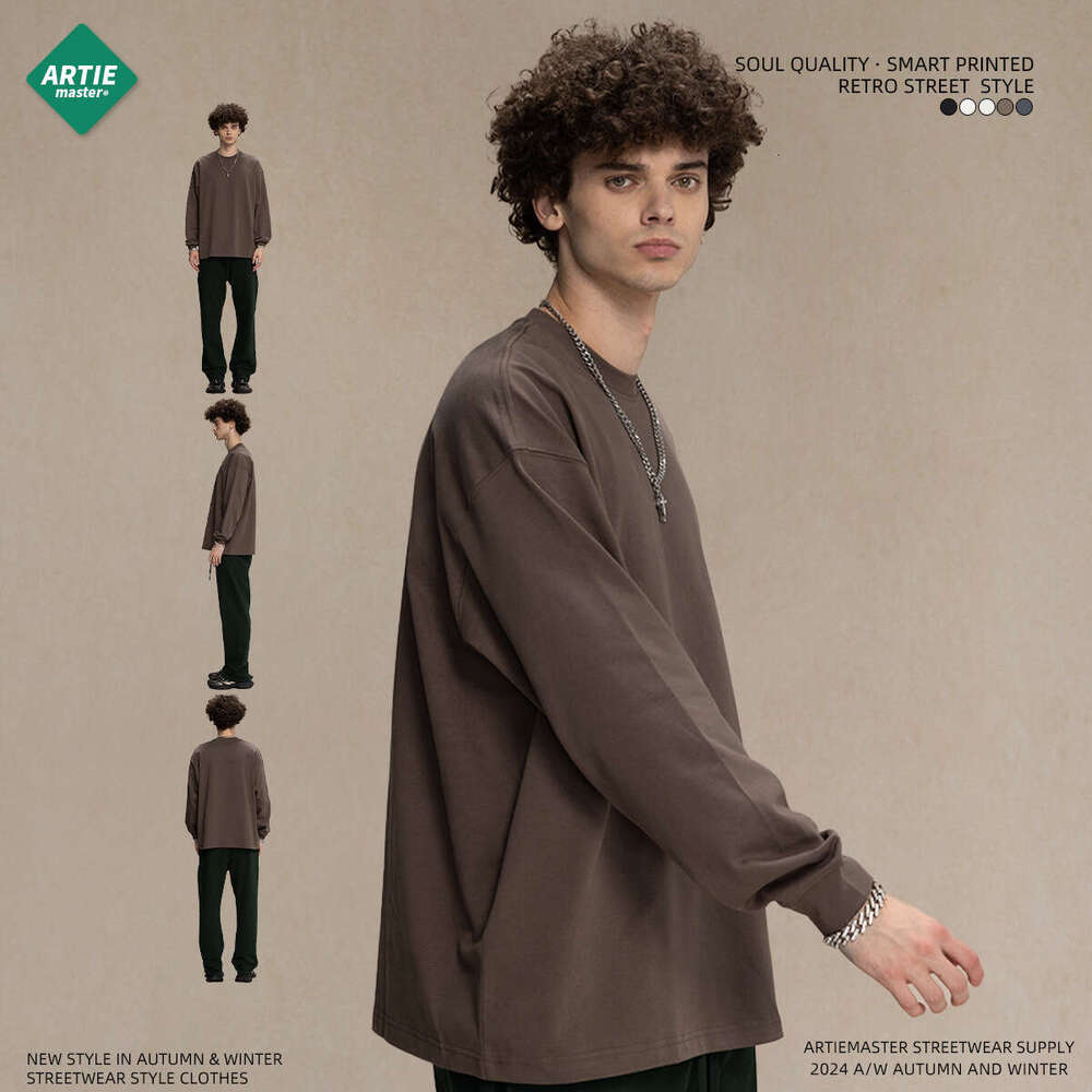 2024 Autumn/Winter New Product Heavy 385g T-shirt Oversize Trendy Brand Round Neck Men's Long Sleeve Top
