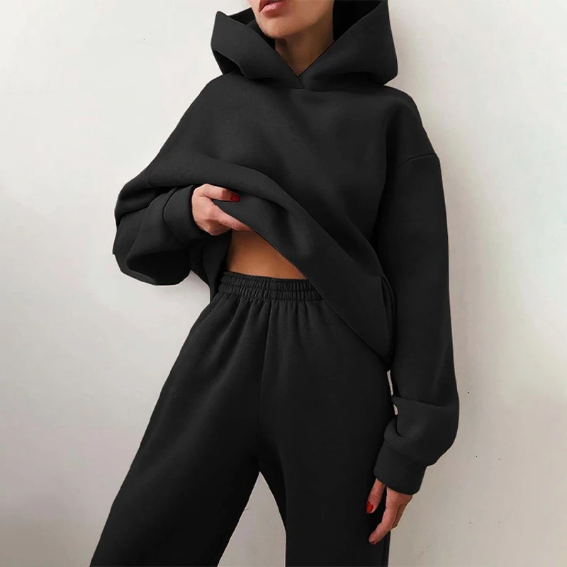 Winter Women Fleeced Tracksuits Casual Hoodie and Sweatpants Suit Fashion Two Pieces Set Hooded Sweatshirt Sport Jogger Outfits 241209