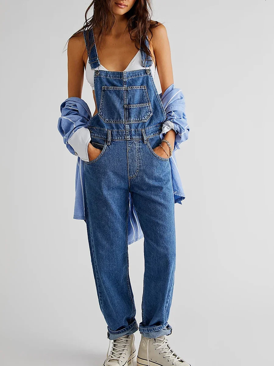 Womens casual wide leg denim jumpsuit with adjustable shoulder strap pendant top 1 pocket suit 241209