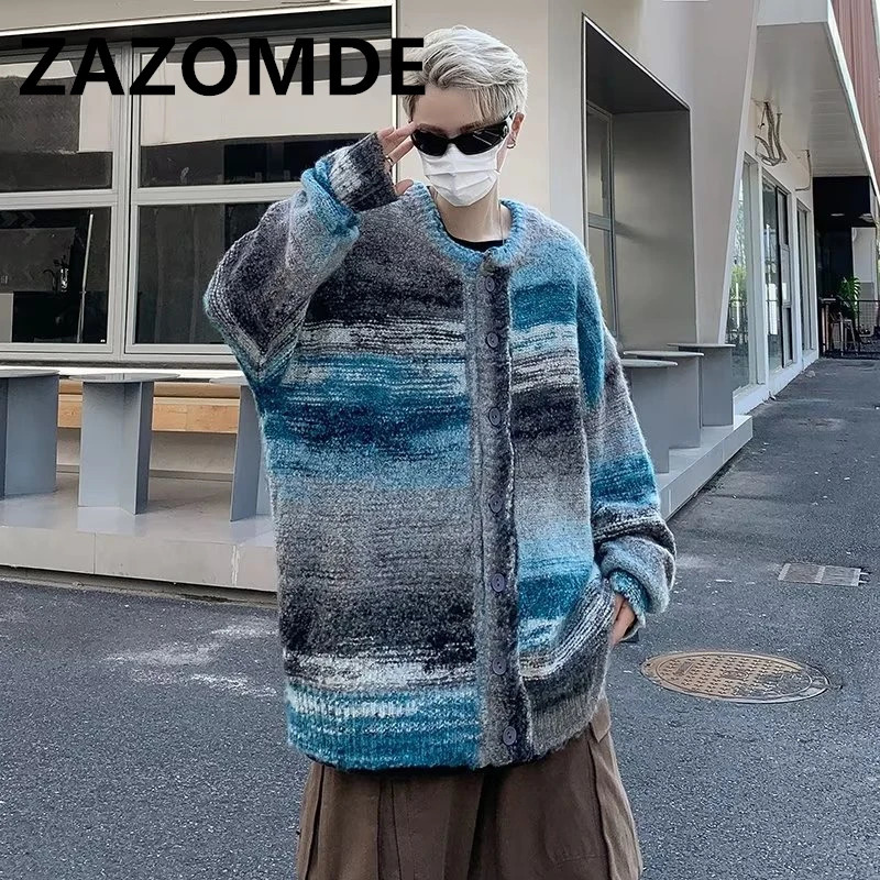 ZAZOMDE winter punk knit sweater mens striped er oversized Harajuku streetwear sweater autumn hip-hop cardigan 241205
