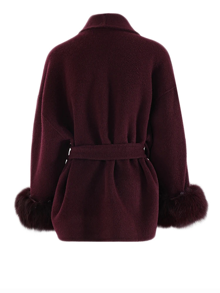 EAM Wine Red Fur Cuff Big Size Belted Woolen Coat Lapel Long Sleeve Women Jacket Fashion Autumn Winter 2024 CPG2347 241202