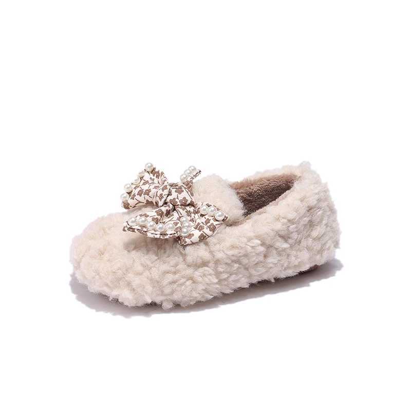2023 Spring and Autumn Bow Floral Print Girls Cotton Shoes Plush Warm Pearls Children Fashion Shoes French Sle Kids Flats NewXJ241209