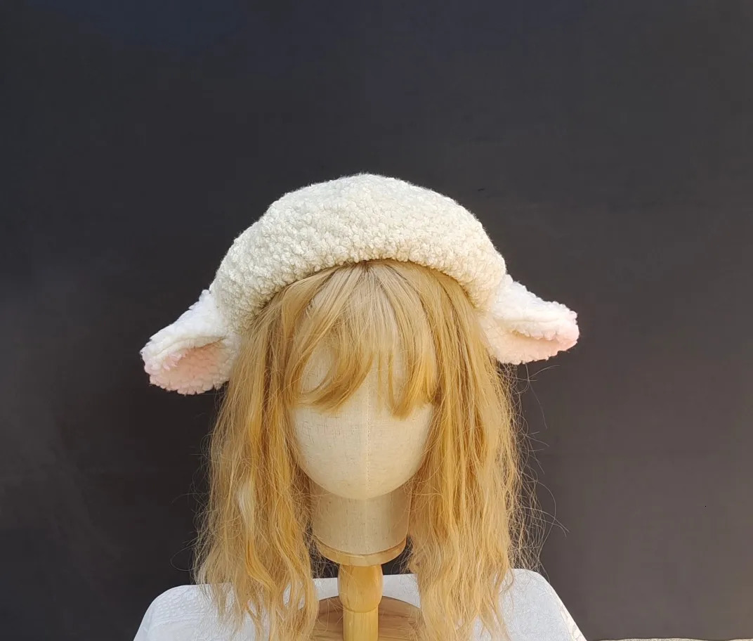 Original handmade cute Lolita lamb ears for autumn and winter beret milk white hat 241209