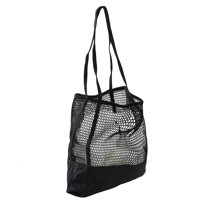 Korean Style Grid Handbag Fashion Mesh Hollow Out Sandy Beach Package Canvas Single Shoulder Bag Large Capacity Women Bags 241203