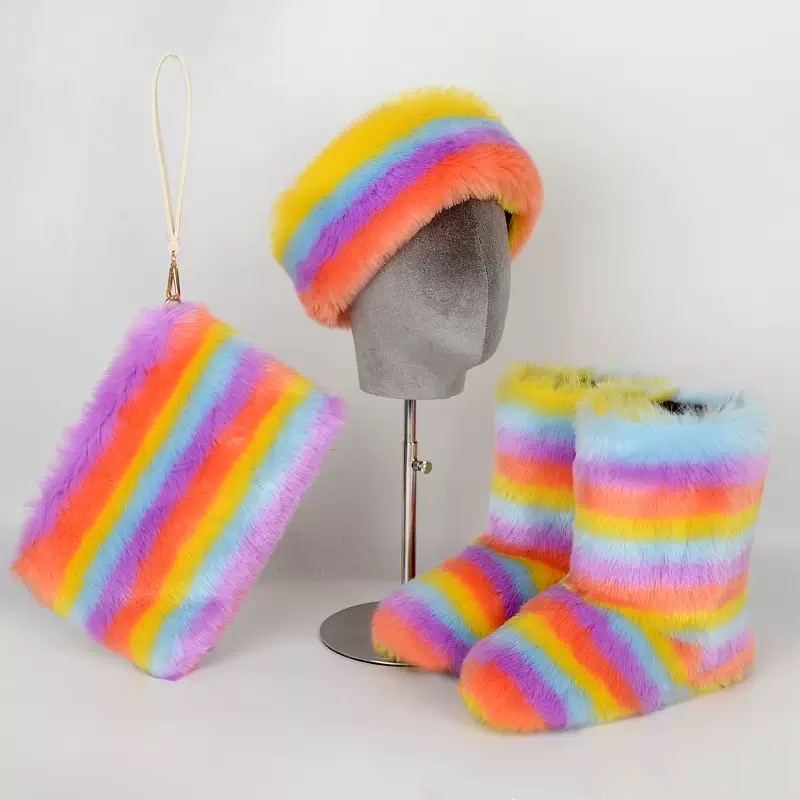 Y2K furry sets Winter Fluffy Snow Boots For Women Faux Fur Ankle Furry Plush Shoe Flat Heel Boot Lady Bag Headband Set