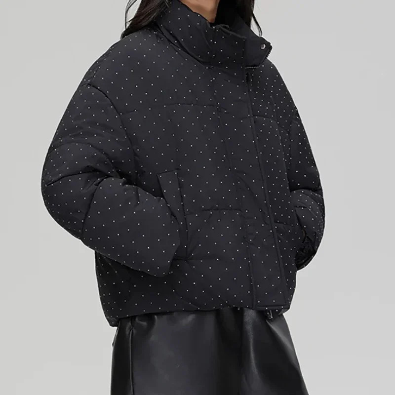 Mock Neck Buttons Jacket Zipper Pockets Thicken Cottonpadded Casual Cotton Warm Parkas Women Autumn Winter 241209