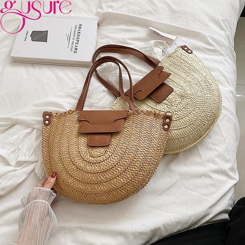Gussure Bohemian summer straw bag simple Rattan shoulder cross body bag large capacity beach travel handbag 241205