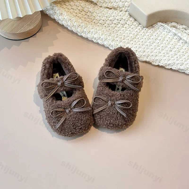 New 2025 Winter Children Fashion Bowknot Flat Shoes Fur Cover Toe Light Warm Kids Casual Shoe Plush Non-slip Comfy Girls ShoesXJ241209