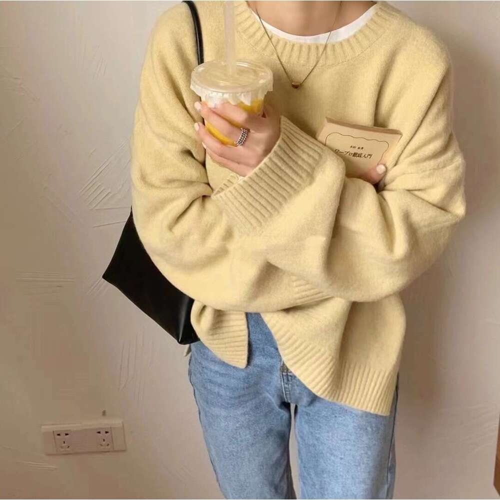 Gentle soft loose round neck women's autumn and winter, lazy style, solid color, versatile knit sweater for outerwear