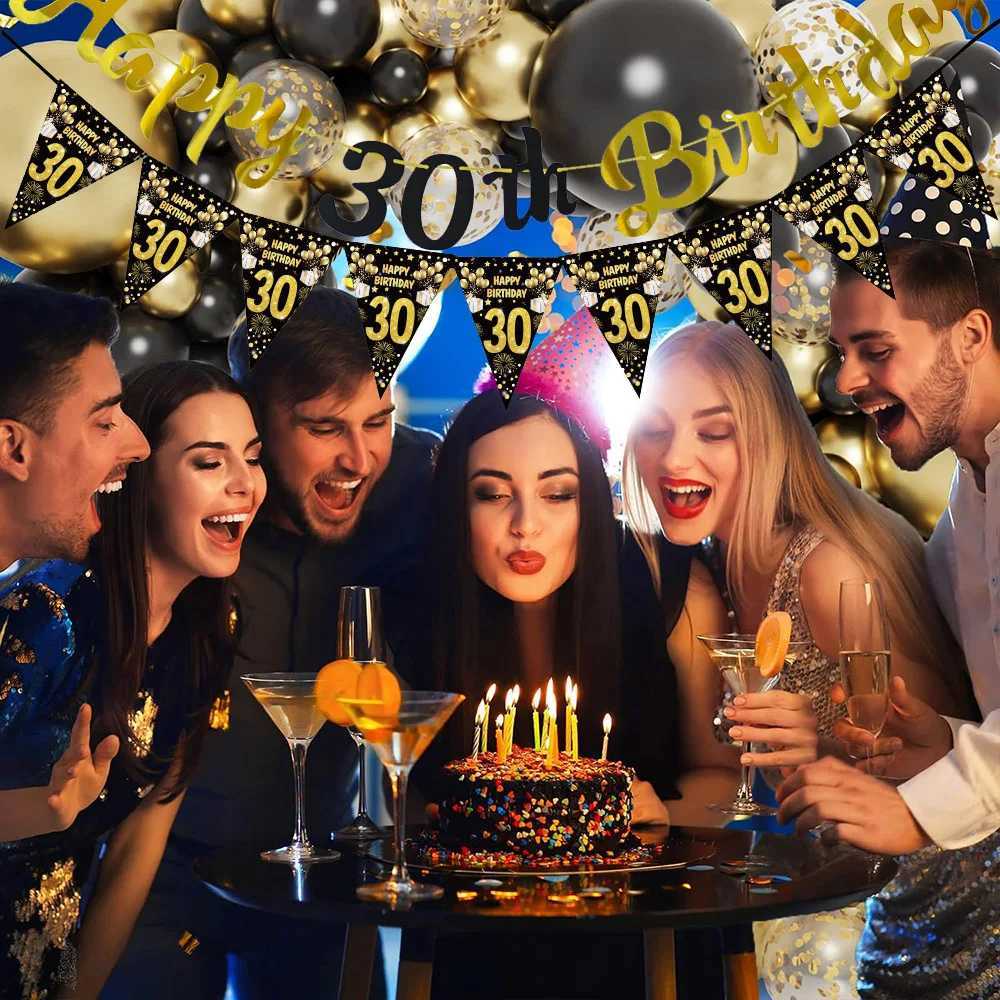 Banners Streamers Confetti Happy Birthday Decoration Banner Black and Gold Happy 18th 30th 40th 50th 60th Birthday Banner Sign Party Decorations Suppl