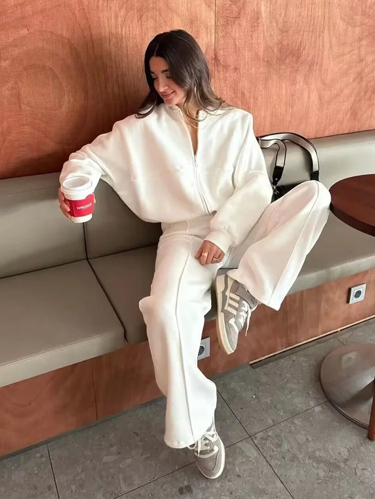 HH TRAF Bomber Jacket Pant Set For Women Casual Long Sleeve Zipper Coat Vintage Solid Sweatshirt Suit Autumn Woman Streetwear 241209