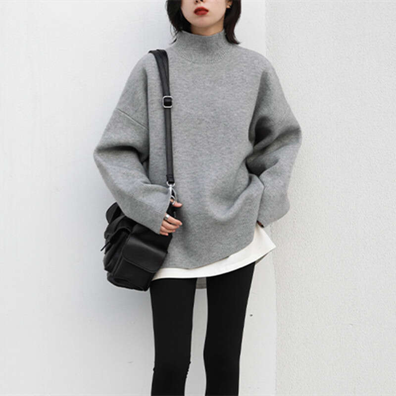 Korean style semi high neck thick for women, with a lazy autumn winter feel, loose medium length style, soft and sticky base knit sweater