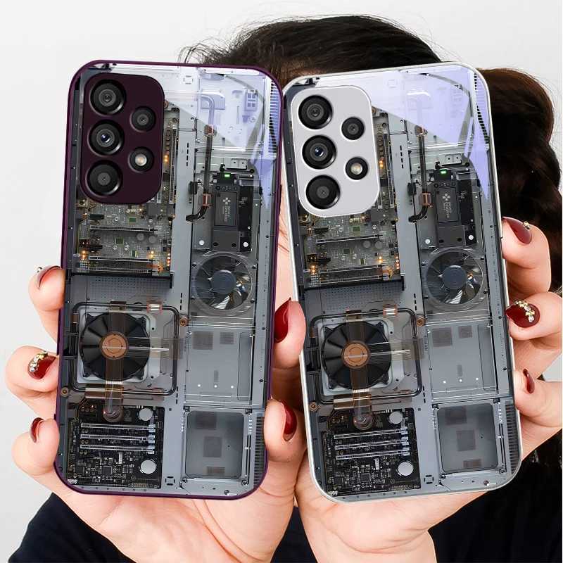 High Quality Designer Phone Case For Galaxy S24 Plus S20 21 FE S23 Ultra S8 9 A70 72 73 50 51 52 53 tempered glass phone case with gray motherboard fa