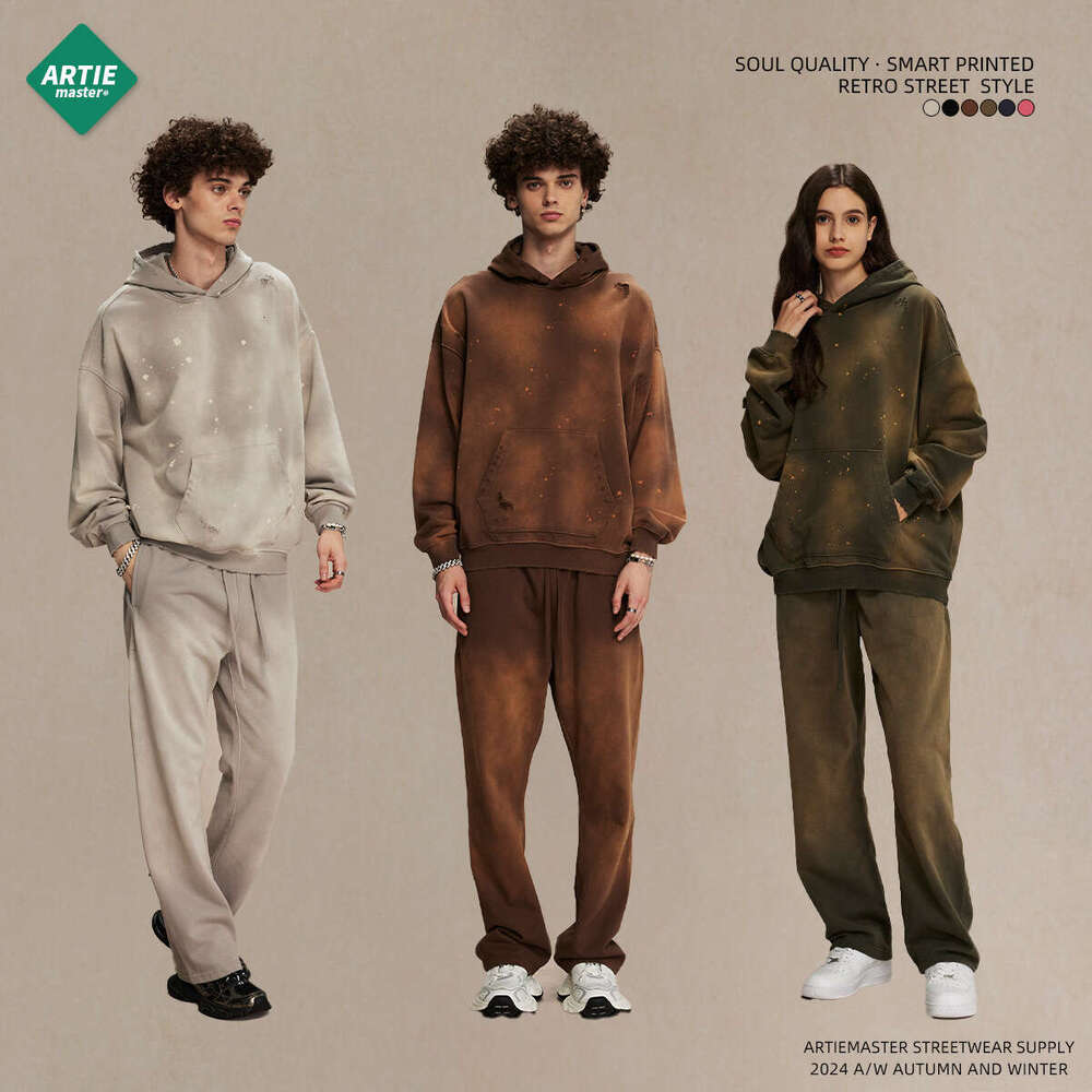 2024 Autumn/Winter New Product 450g Spray Dyeing Ink Piercing Old Street Trendy Brand Retro Men's Hoodie