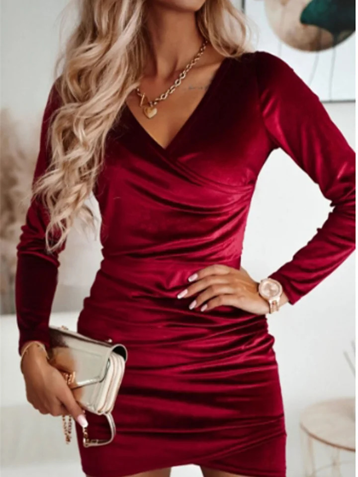 Sexy red V-neck long sleeved dress for women ultra-thin mini dress elegant party date autumn dress 241206