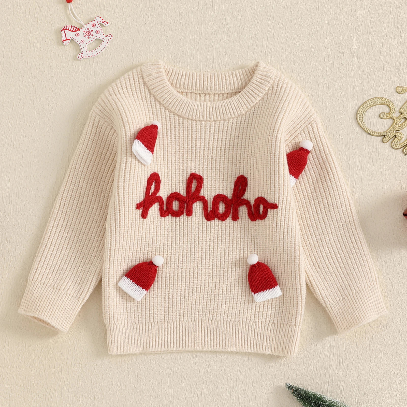 MISOWMNJOY Cute Knitted Baby Christmas Sweater Warm and Casual born Parachute Letter Embroidered Christmas Hat Baby Pullup Top 241210