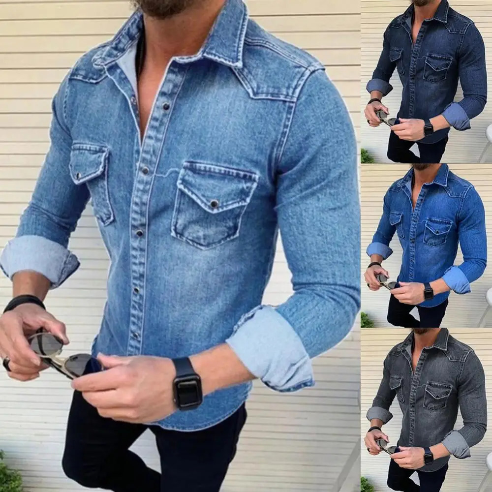 Spring and autumn mens jeans short sleeved denim shirt soft cotton two pocket ultrathin elastic chemical homme 241209