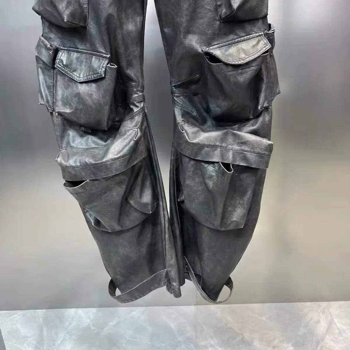 Multi pocket n retro PU womens leather pants waist single button cargo transport vehicle autumn 2023 11X5286 241209