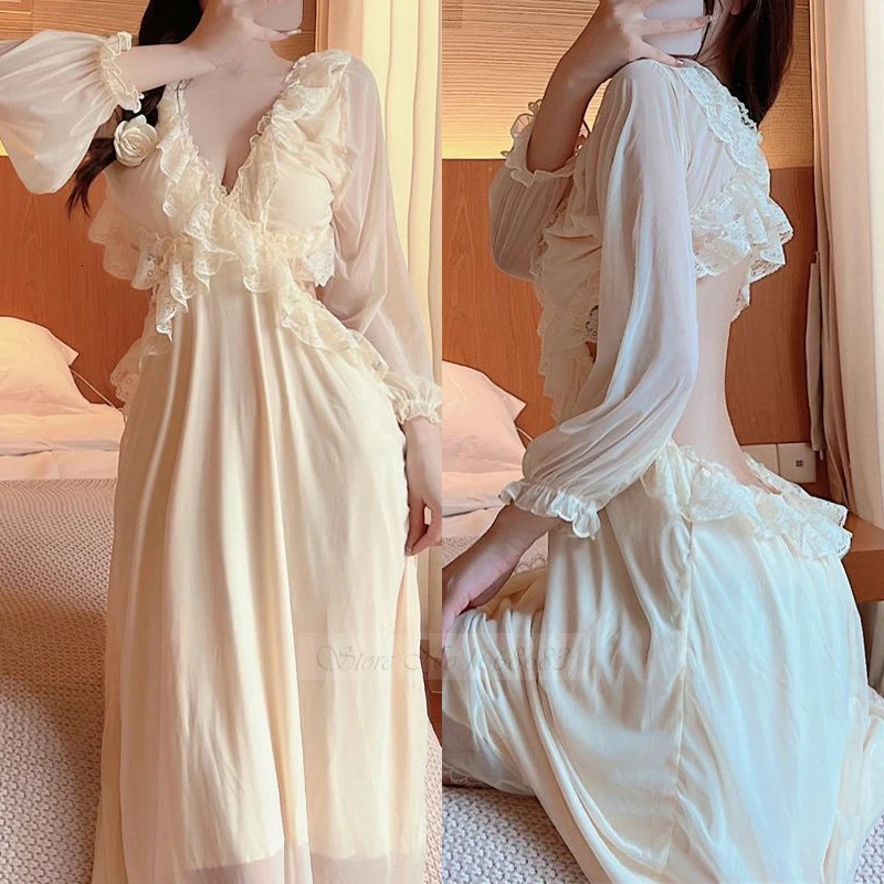 Sexy V-Neck Backless Long Nightgown Nightwear Perspective Lace Style Princess Nightdress Summer Sleepwear Home Dress 241209