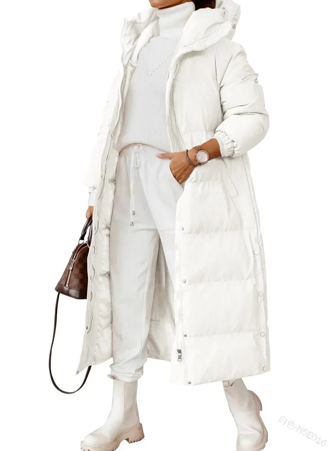 Womens Parkas solid color hooded long sleeved cotton jacket fashionable zipper pocket 241209