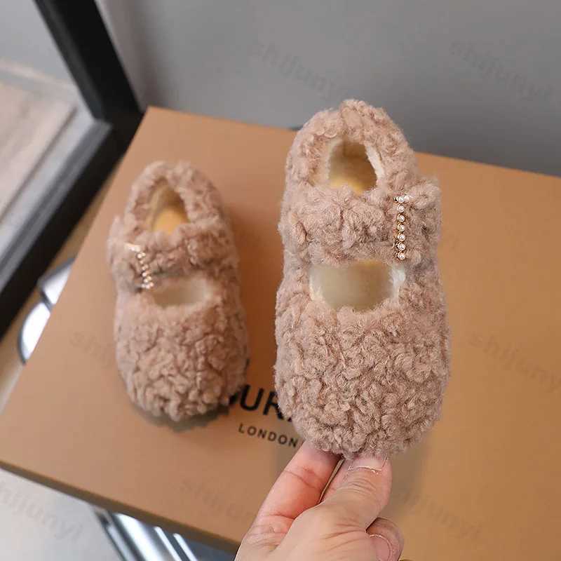 Fashion Rhinestone Buckle Flats 2024 Winter New Children Fur Cover Toe Light Warm Kids Casual Shoe Plush Non-slip Mary Jane ShoeXJ241209