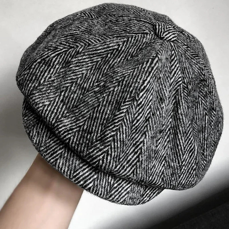 Vintage large-sized 62cm s hat mens vintage wool thick beret mens coarse tweed winter driving hat mens casual flat octagonal hat 241209