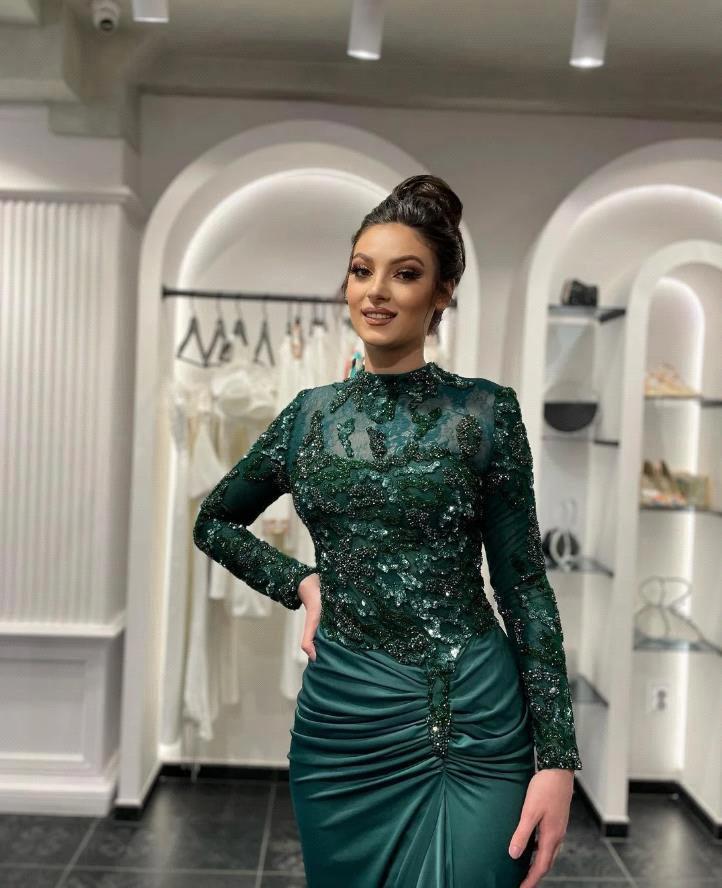 Evening Dress Higg Neck with Beading Stones Sequins Bodice Full Sleeve or-length Skirt Train Special Ocn Gown bc19850