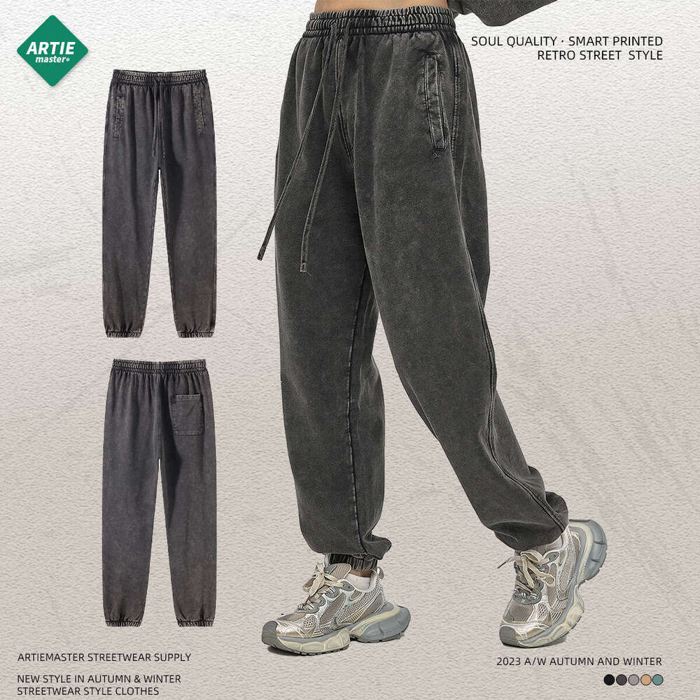 2024 New Street Trendy Brand Wax Printing Used Loose for Men, Washed Retro Men's Bathroom Pants