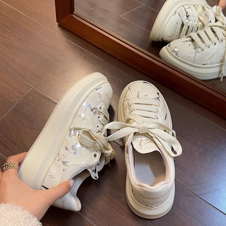 Women Casual Shoes:Fashion Sports Shoes Thick Sole Versatile New Lace-up Round Toe Trendy Shoes,Beige,Free shipping