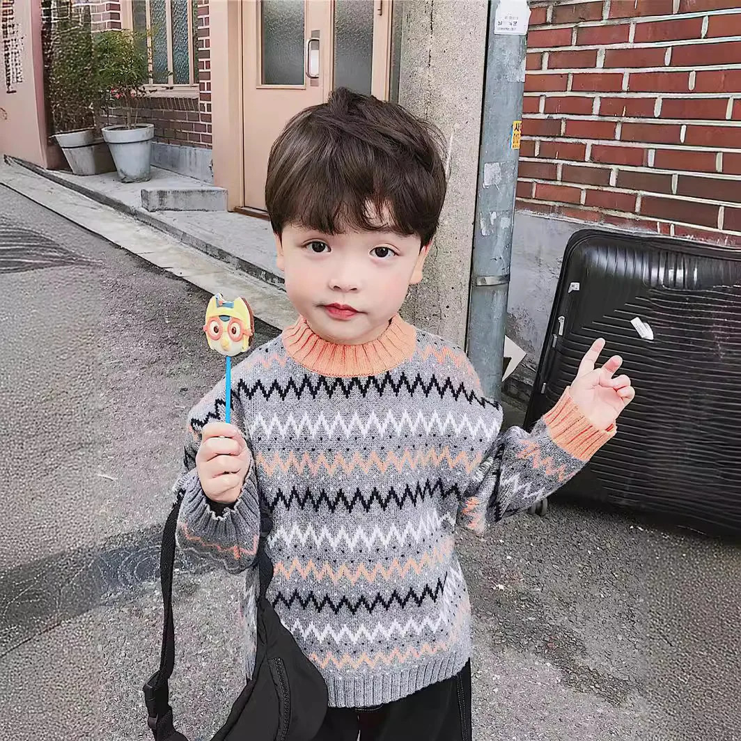 Autumn and Winter Baby Boy Sweater Cotton Wave Stripe Long Sleeve Baby Boy Pulling Rope Round Neck Velvet Preschool Boy Knitted 241210