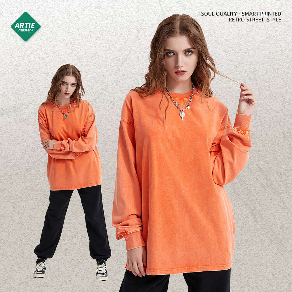 Trendy brand new wax printed 250G long sleeved in 10 colors autumn winter solid color washed and worn men's T-shirt