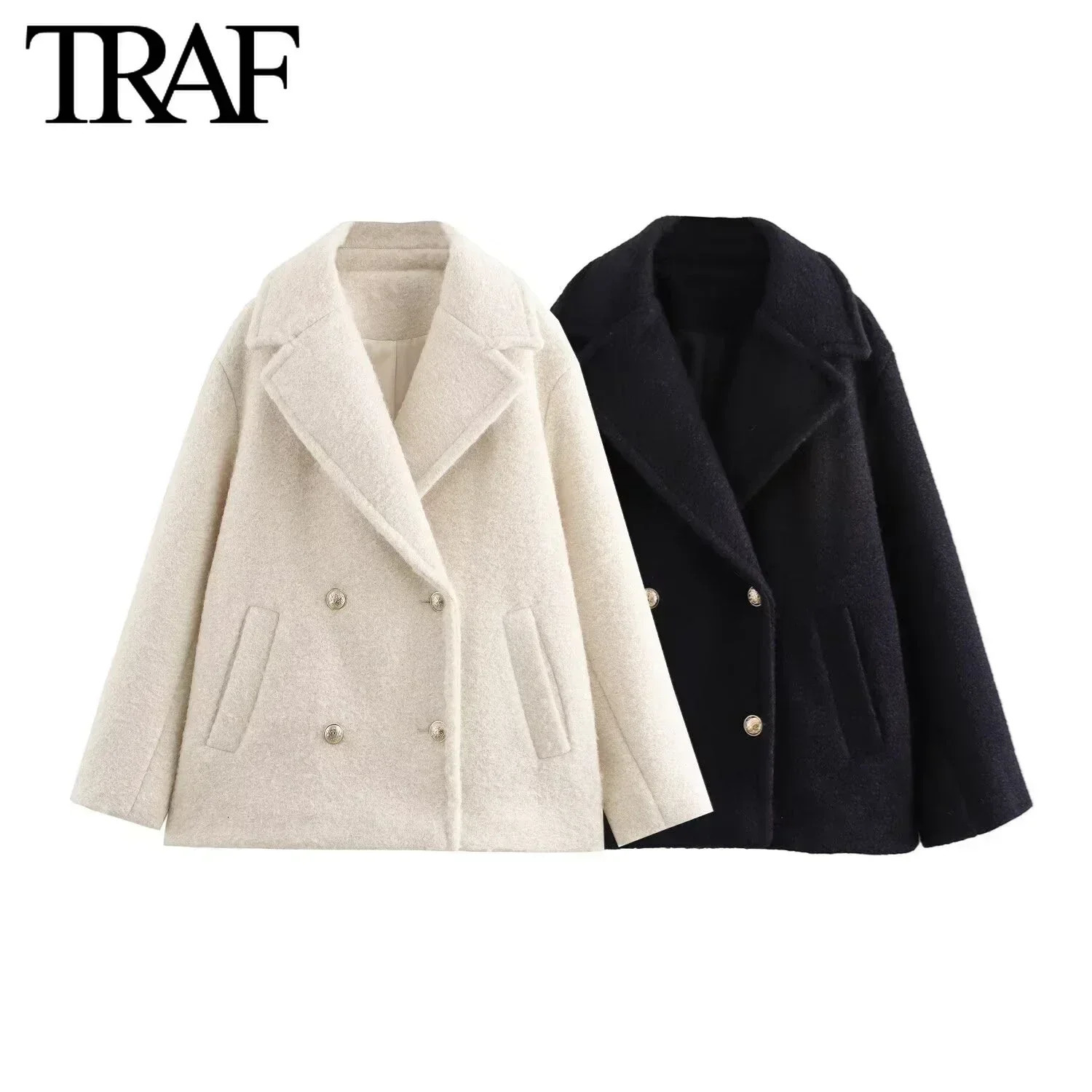 TRAF White Wool Blend Jacket Women Fashion 2024 Autumn Winter Double Breasted Lapel Long Sleeved Warm Short Coats 241202