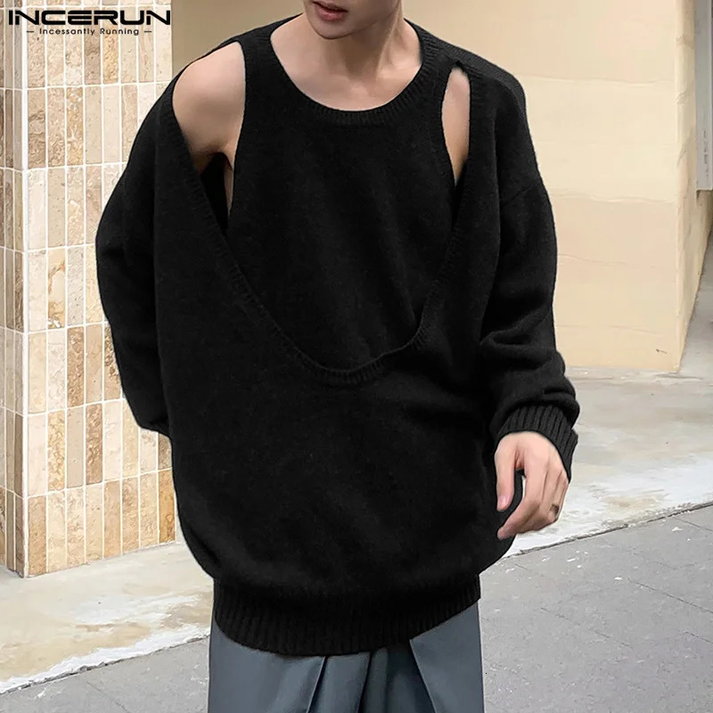 Men Sweaters Hollow Out Oneck Long Sleeve Irregular Pullovers Streetwear Solid Fashion Casual Clothing INCERUN S5XL 241209