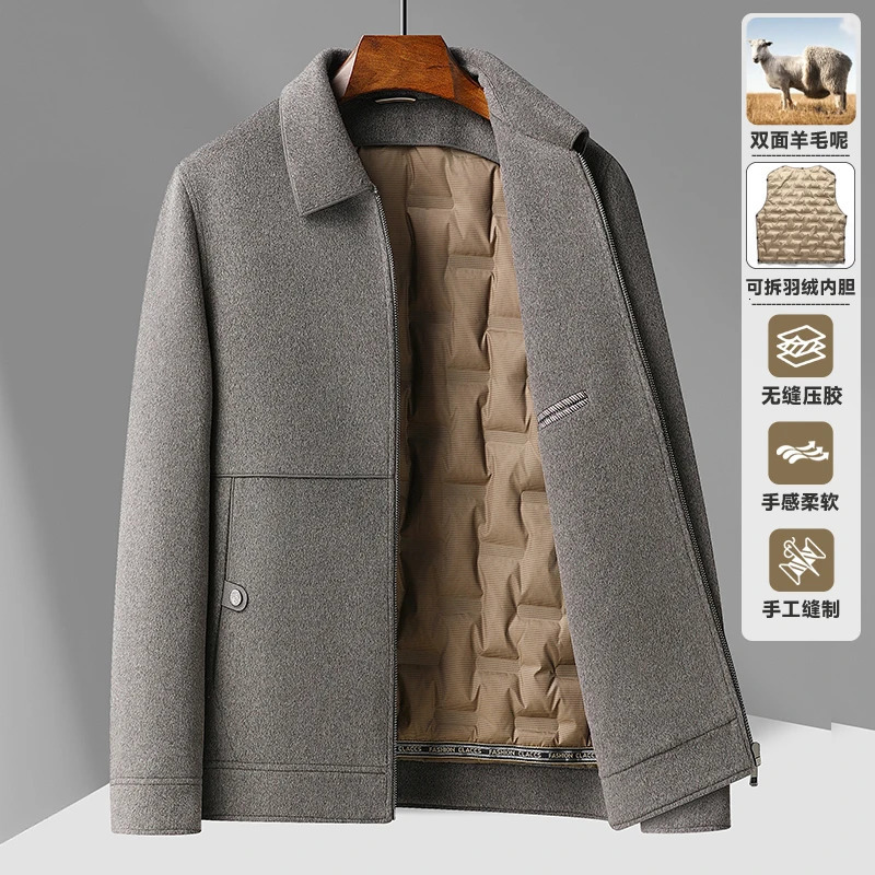 Autumn and Winter Doublesided Wool Mens Outdoor Camping Fashion Casual Lapel Can Be Removed Down Liner Short Jacket 241209