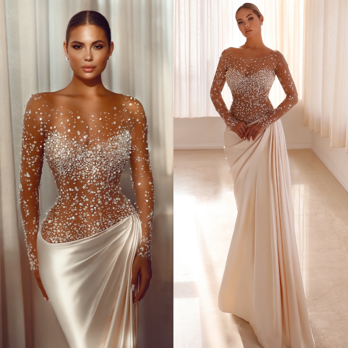 Illusion Stunning Beads Mermaid Dress For Bride Sheer Scoop Long Sleeves Wedding Dresses Bridal Gowns Plus Size Pleats Side Train Vestidos De Novia Es
