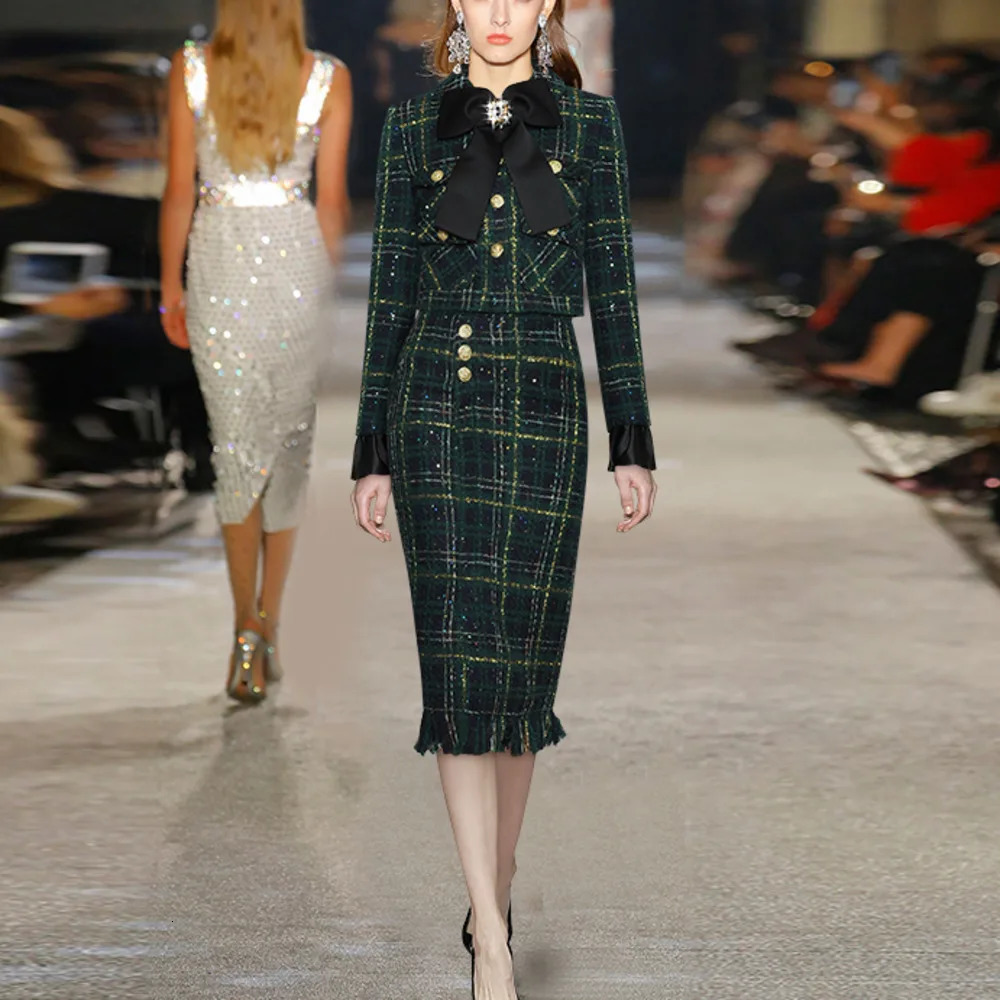 Spring and autumn 2piece coarse woolen suit womens polo neck bow long sleeved single chest short jacketMidi half dress set XXXL 241209