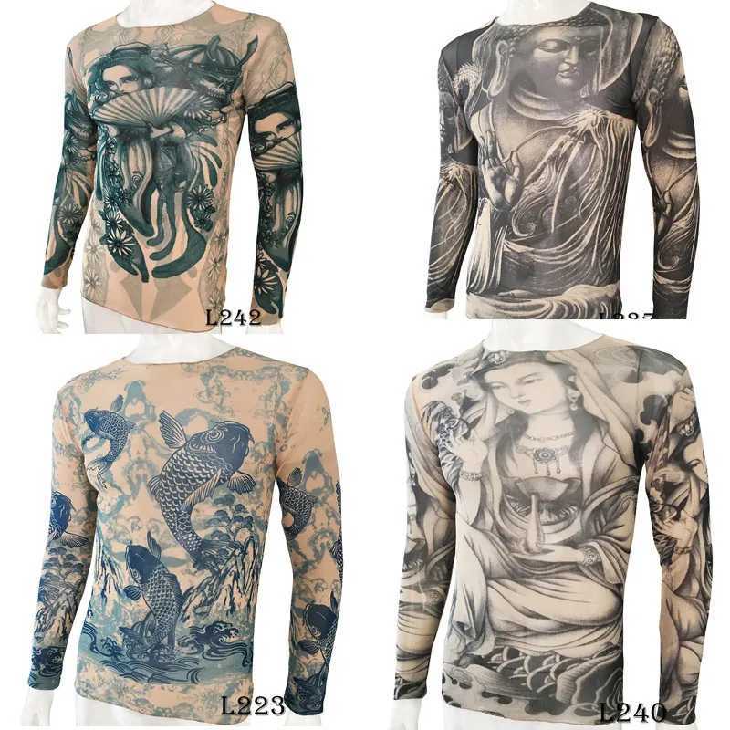 Interesting long sleeved fake tattoo T-shirt full print mens art shirt elastic slim fit pattern thin Halloween mens clothing W241210