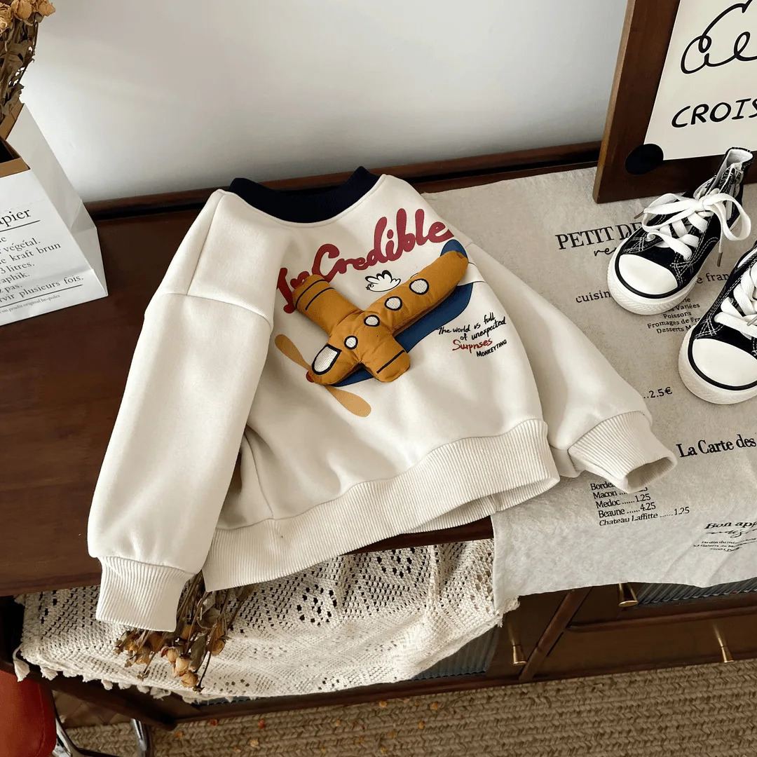 South Korea Autumn Winter Baby Boomer Generation Cartoon Printed Wool Loose Warm Childrens Boys Sports Shirt Childrens Boys Hoodie 241210