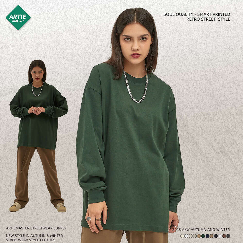 2024 Autumn/Winter Trendy Brand Heavy Weight 305g Loose Long Sleeve T-shirt 12 Color European and American Pure Cotton Top