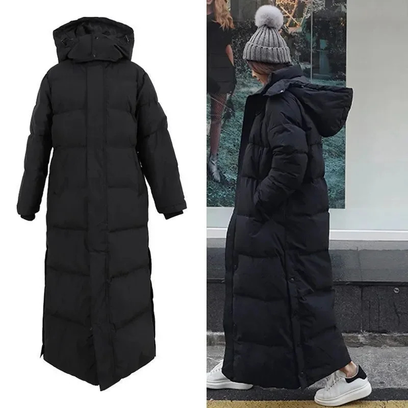 Super Long Padded Cotton Jacket Womens 2023 Korean Over The Knee Fashion Parkas Winter Thick Black Down 241209