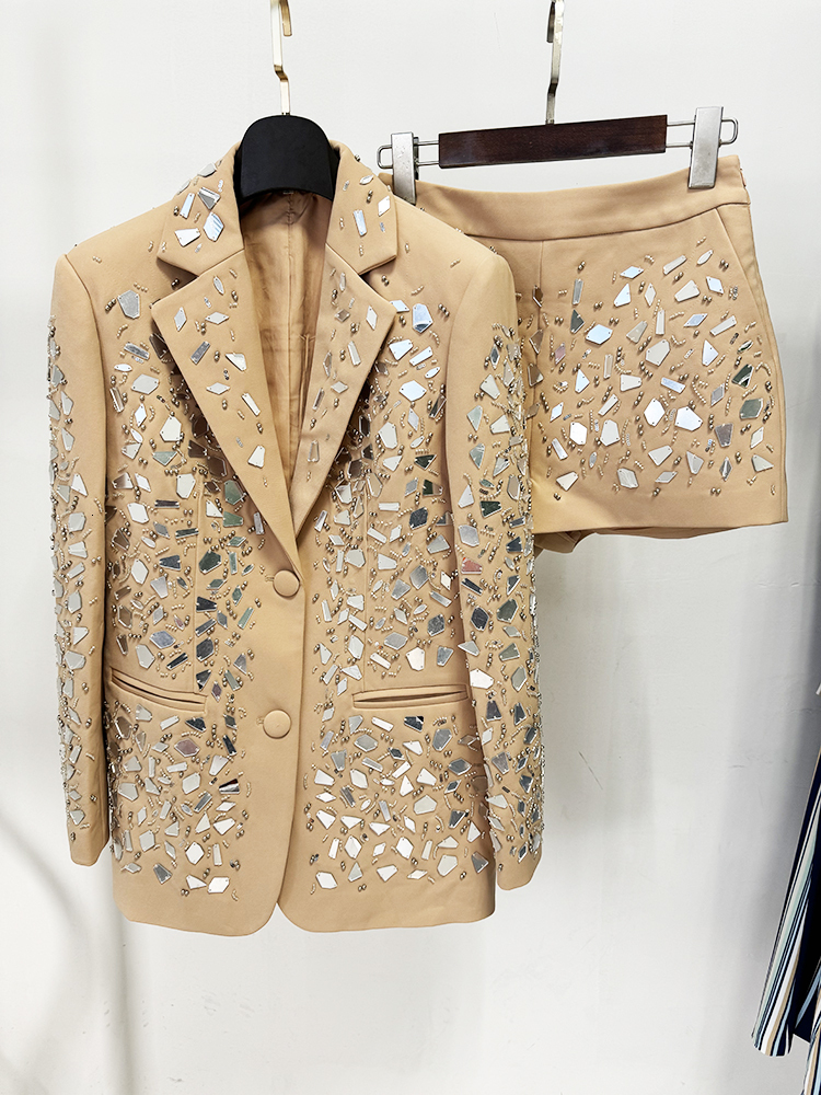 HIGH STREET Newest Fashion 2024 Designer Runway Suit Women's Stunning Beaded Mirror Blazer Shorts Set 2Pcs