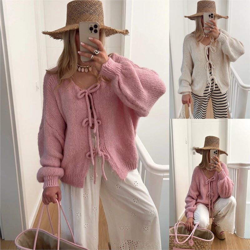 European American Fashion Autumn And Winter New Round Neck Long Sleeved Top Pink Lace Up Sweater Lazy Style Cardigan