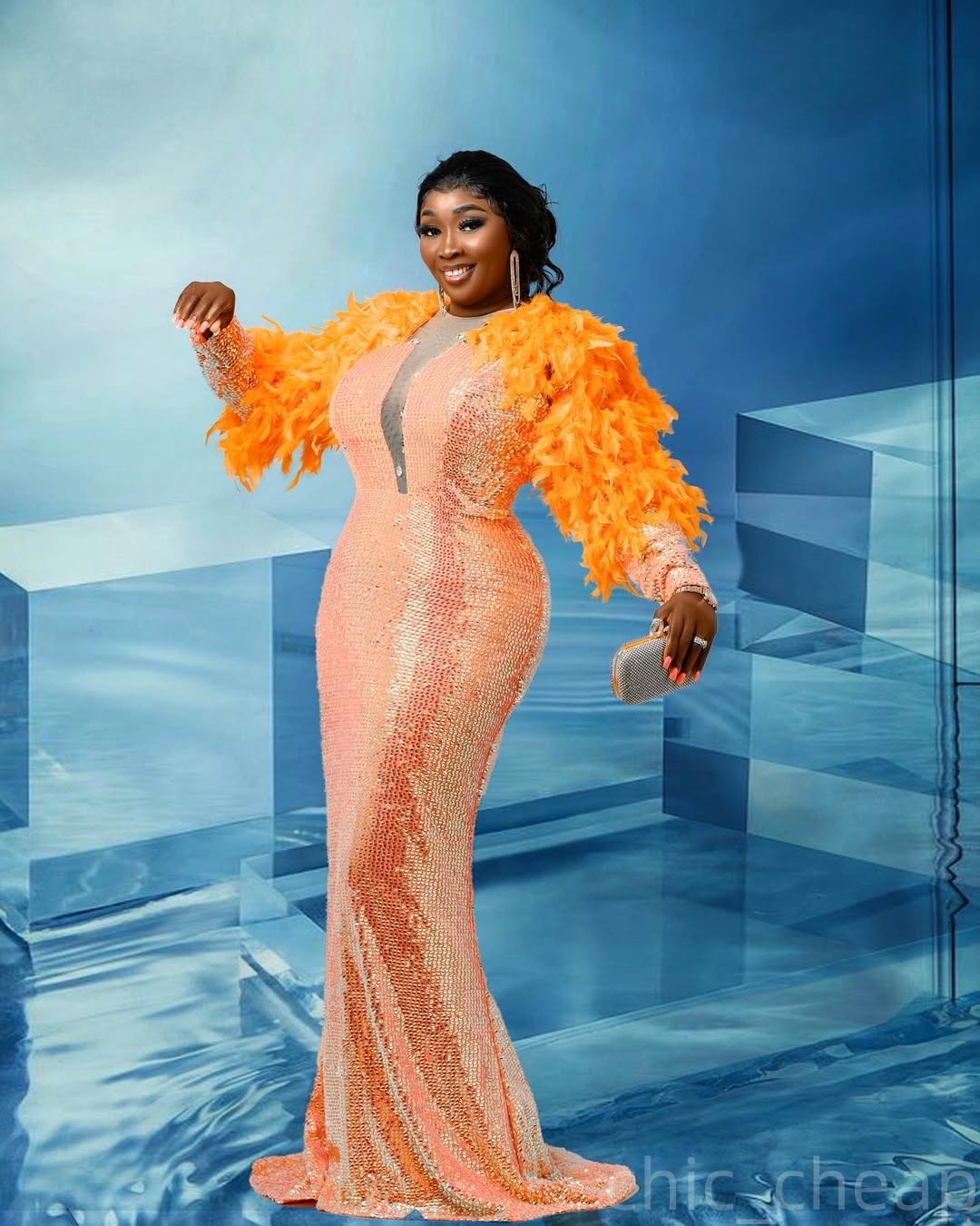 Orange Mermaid Prom Dresses 2025 Feather Sequined Full Sleeves Evening Formal Party Second Birthday Engagement Gowns Plus Size Dress For Special Occas