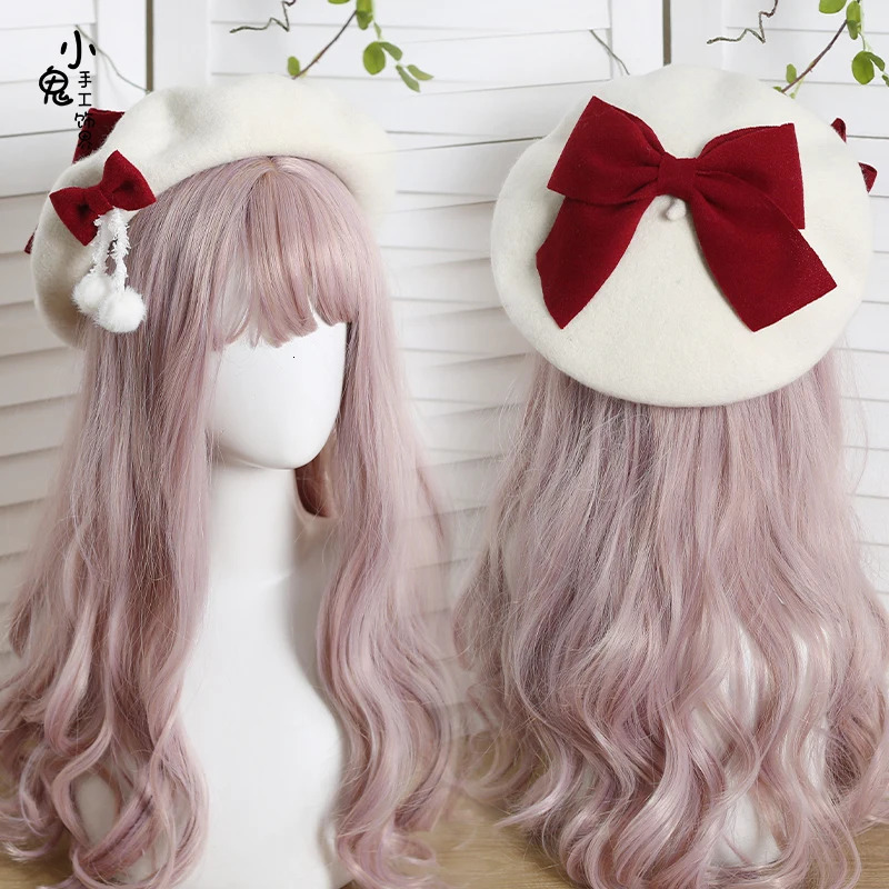 Japanese Berberis Lolita Girl Sweetheart Wool Female Solid Color pom Bow Warm Paint Hat for Autumn and Winter 241209