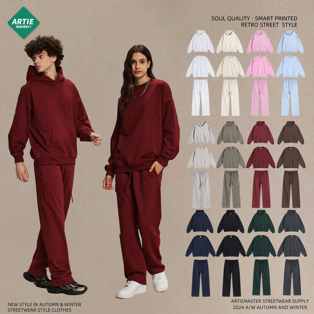 2024 Autumn/Winter New 430g Casual Oversize Loose High Street Ins Round Neck Hooded Pants Set