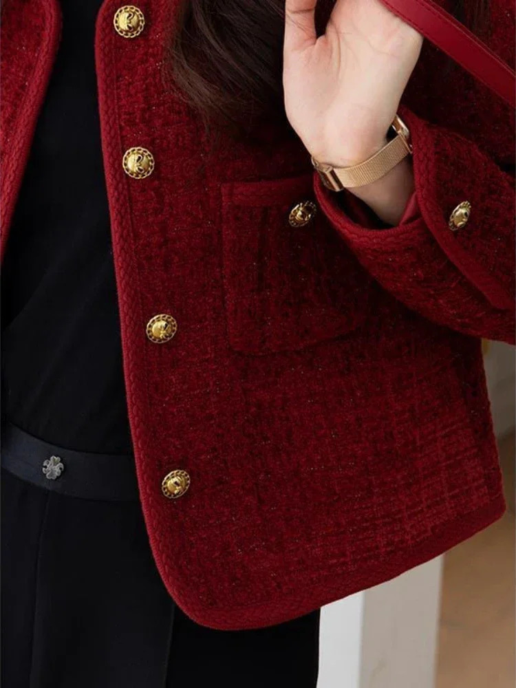 Wine Red Womens Jackets Autumn and Winter Metal Buckle Short Women Coat Korean Fashion Slim Elegant Tweed 241209