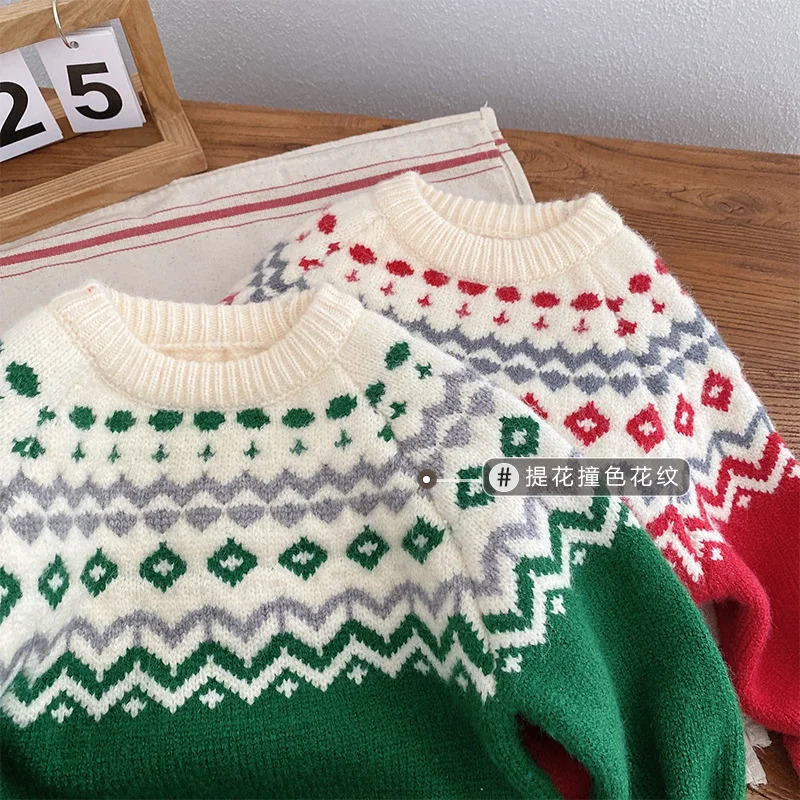Winter Baby Christmas Sweater Childrens Jacquard Knitted Sweater Pullover Childrens Cotton Clothing Childrens cardigan Top 241210