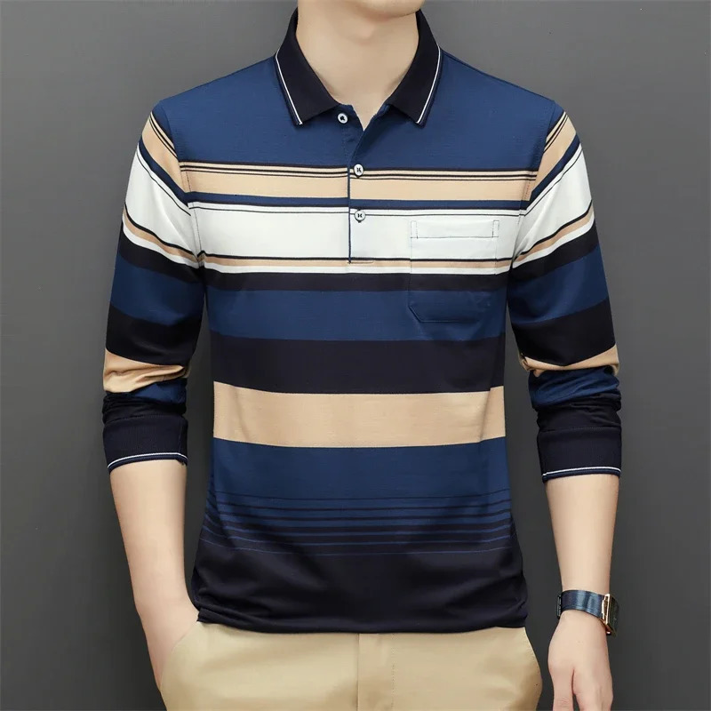Mens Casual Long Sleeve Polo Shirt Fashion Solid Color Top 241202